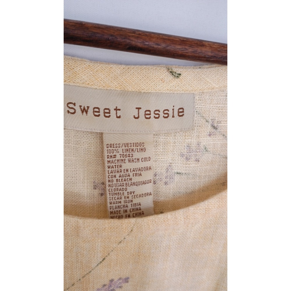 Sweet Jessie Yellow 100% Linen Botanical Print Sleeveless Shift Dress Lavender M - Picture 5 of 8
